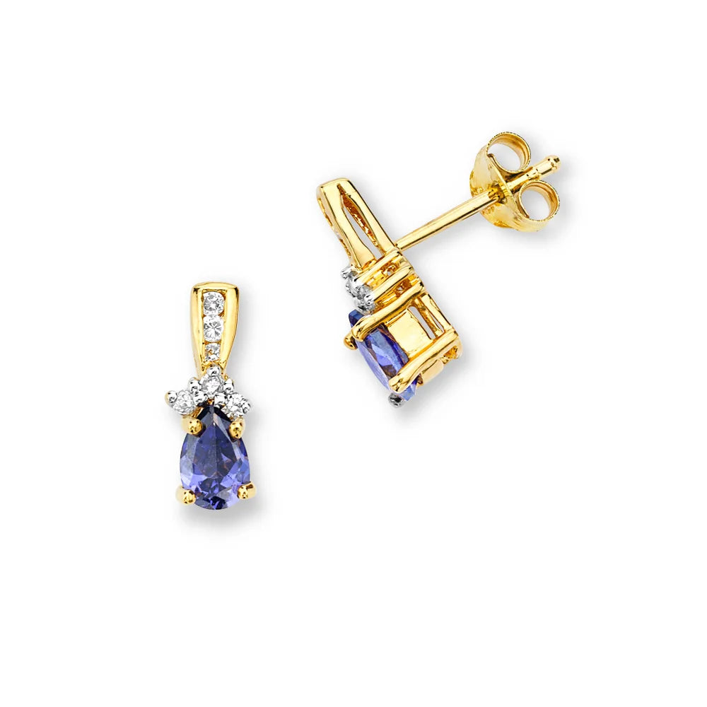 Silver Elegance Pear Shape Tanzanite & CZ Gold Plated Sterling Silver Stud Earrings