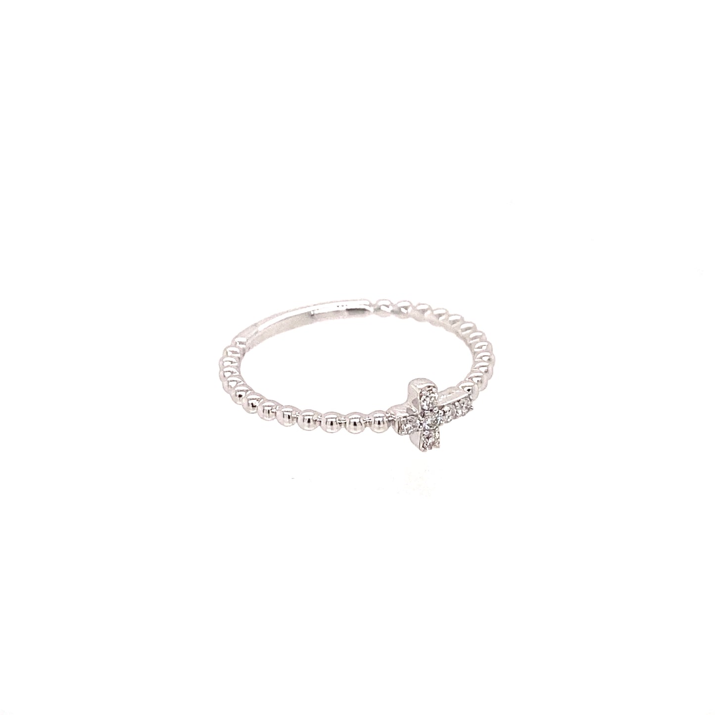 14K White Gold Diamond Cross Ring w/ Beaded Look Band