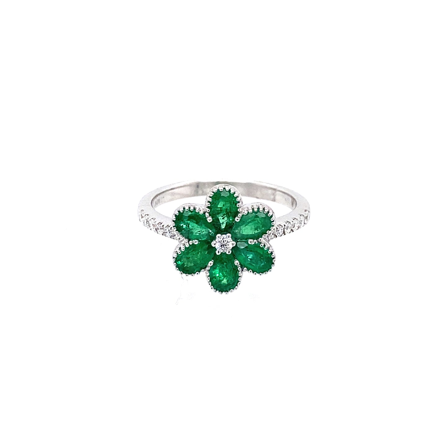 14K White Gold Emerald Flower & Diamond Ring