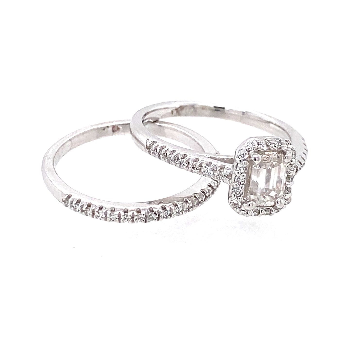 14K White Gold Diamond w/Halo Engagement Ring and Wedding Band