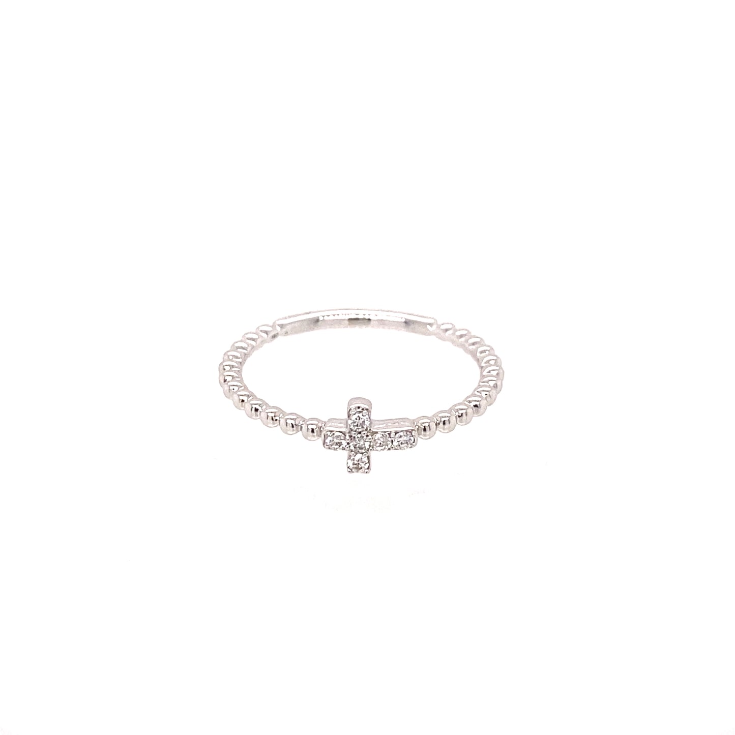 14K White Gold Diamond Cross Ring w/ Beaded Look Band