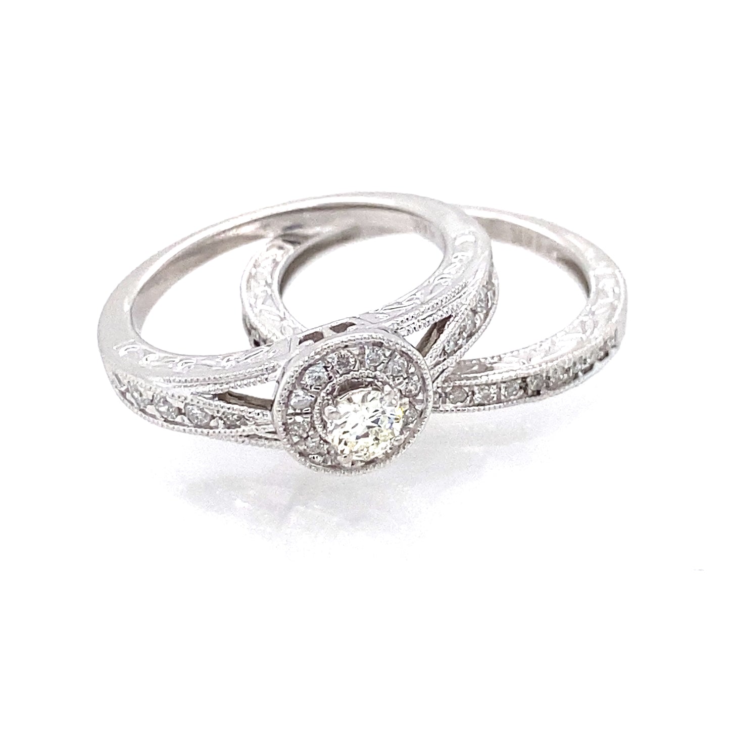 14K White Gold Diamond w/ Halo Engagement/Band Set of Rings