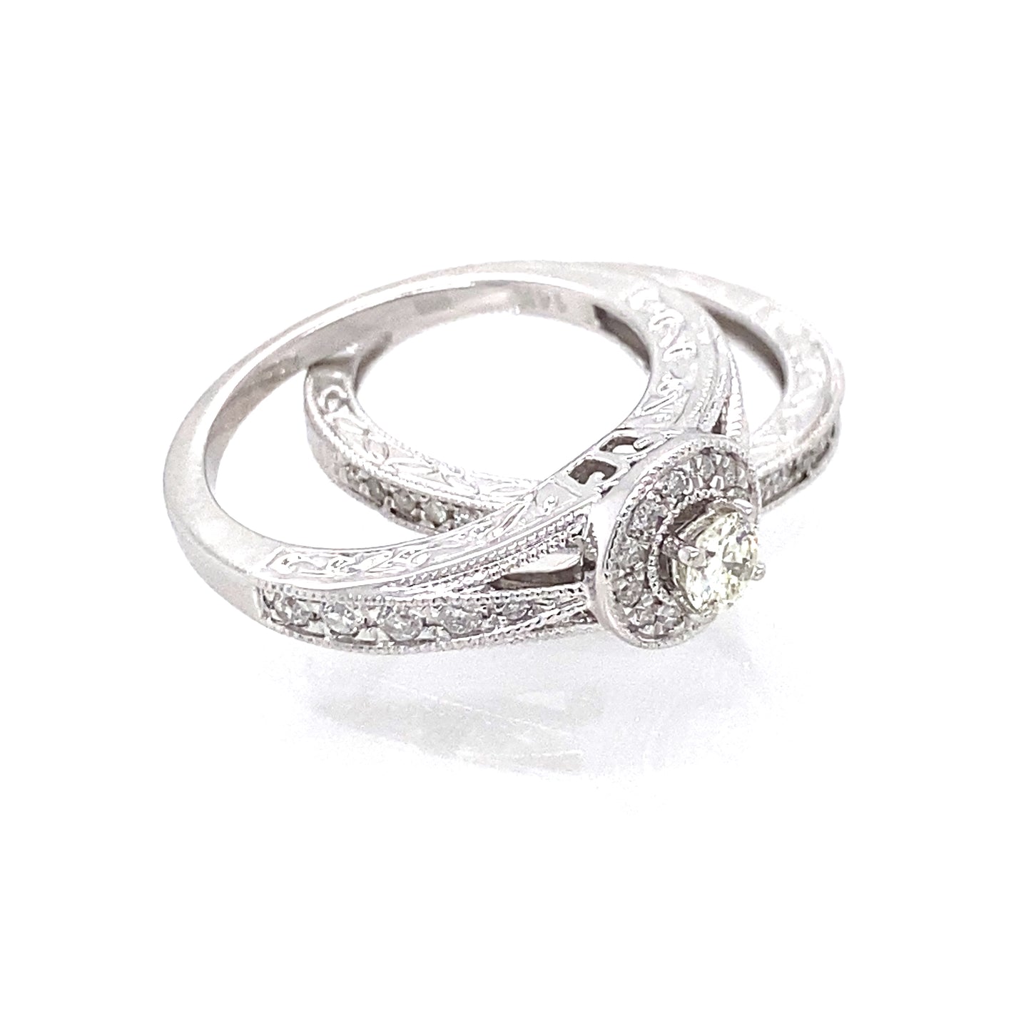 14K White Gold Diamond w/ Halo Engagement/Band Set of Rings