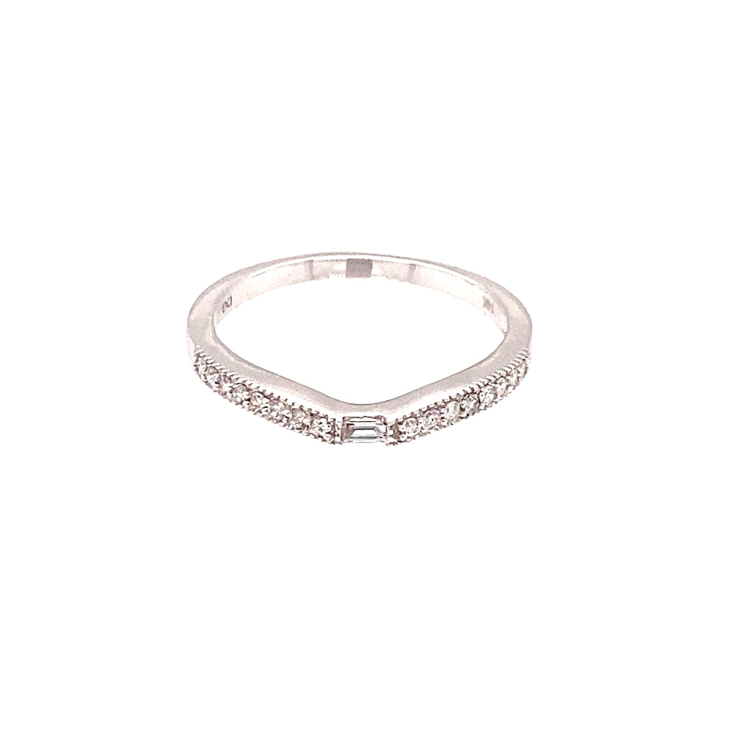 14K White Gold Emerald & Round Diamond Slight Curved Wedding Band