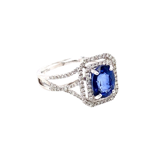 14K White Gold Oval Blue Sapphire & Diamond Ring