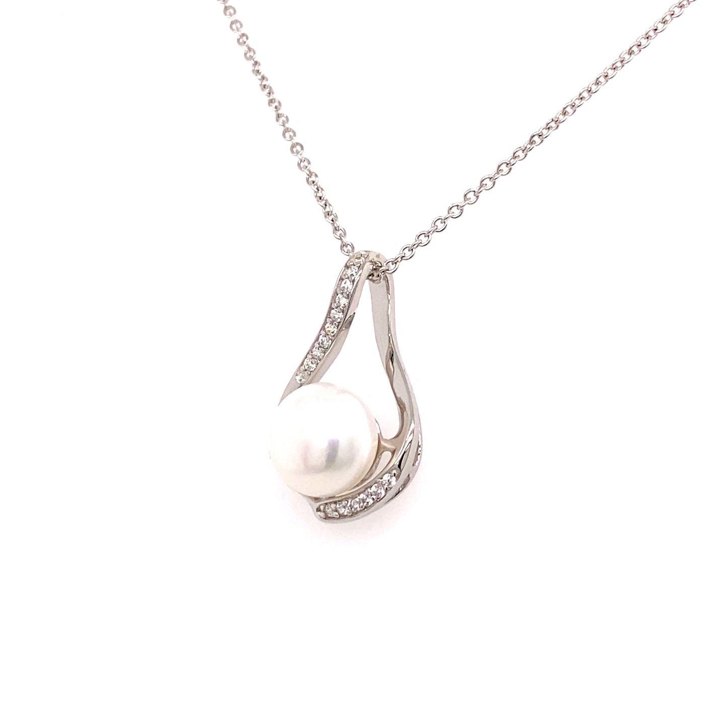 Sterling Silver Diamond & Pearl Tear Drop Pendant & Necklace