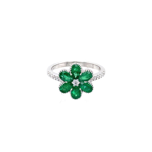 14K White Gold Emerald Flower & Diamond Ring