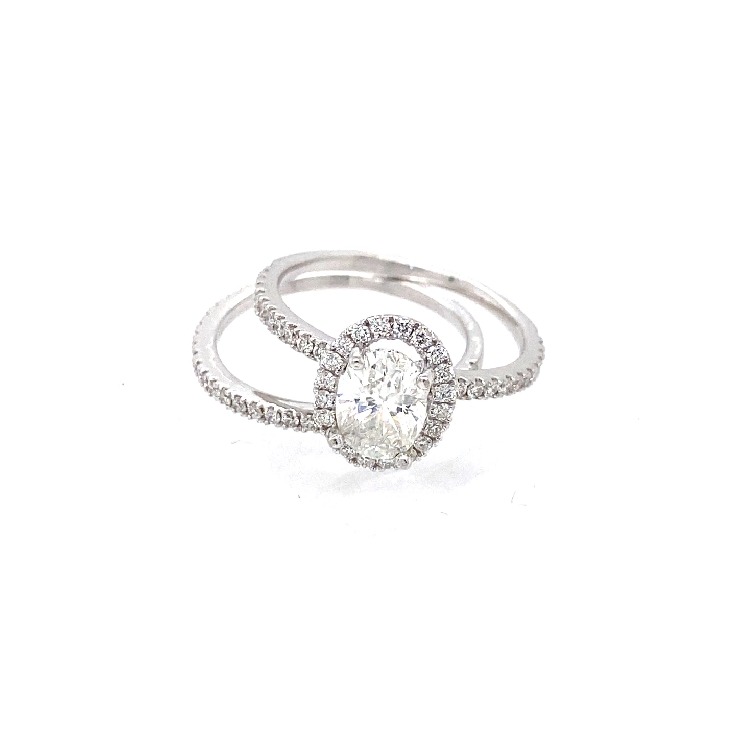 14K White Gold Oval Diamond w/Halo Engagement Ring & Band