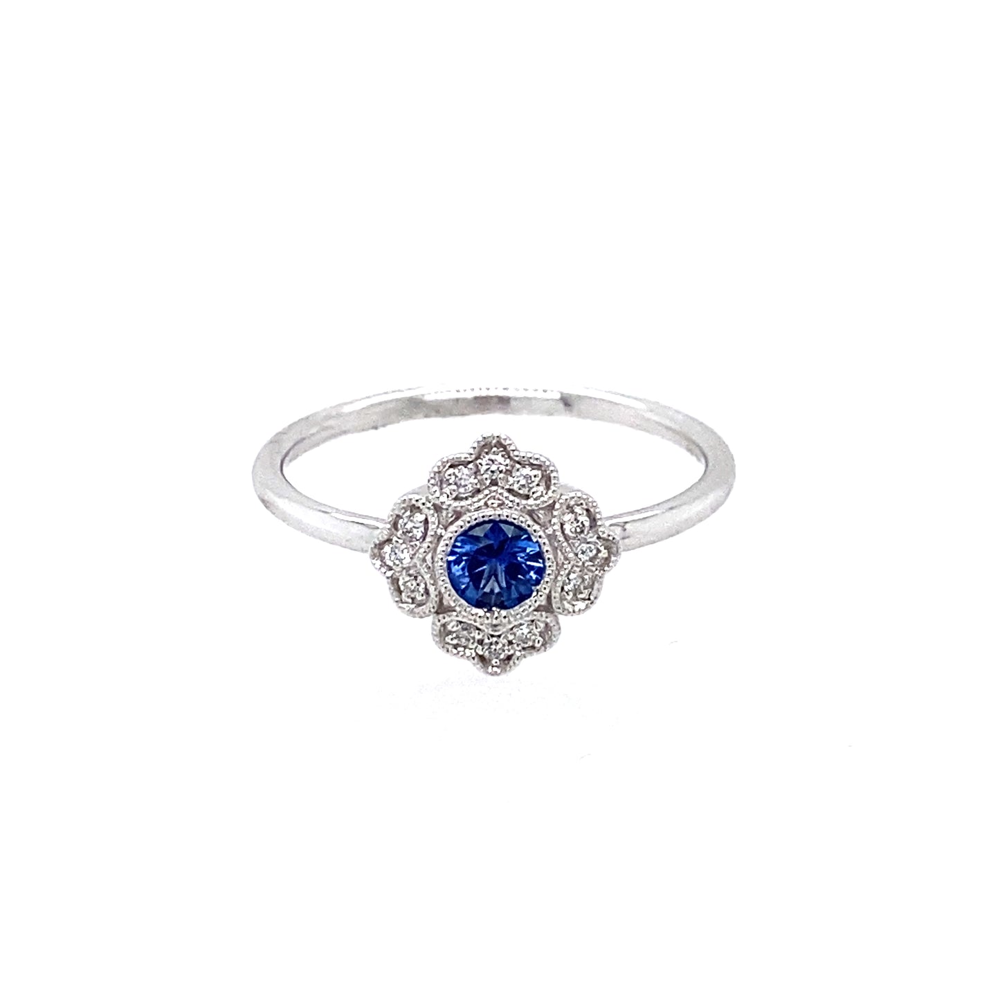 14K White Gold Round Blue Sapphire and Diamond Ring