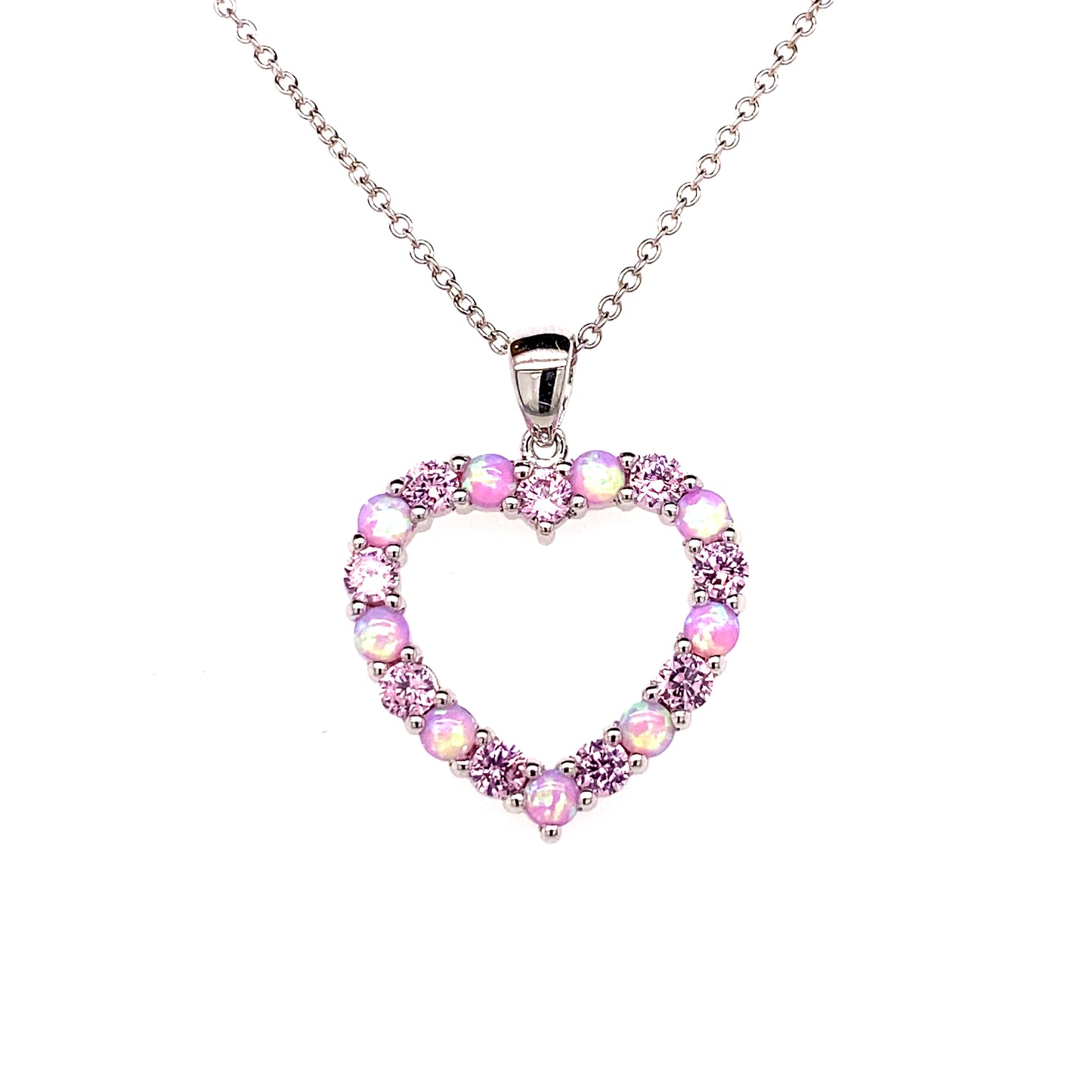 Silver Elegance Opal & Pink CZ Sterling Silver Heart Pendant & Necklace