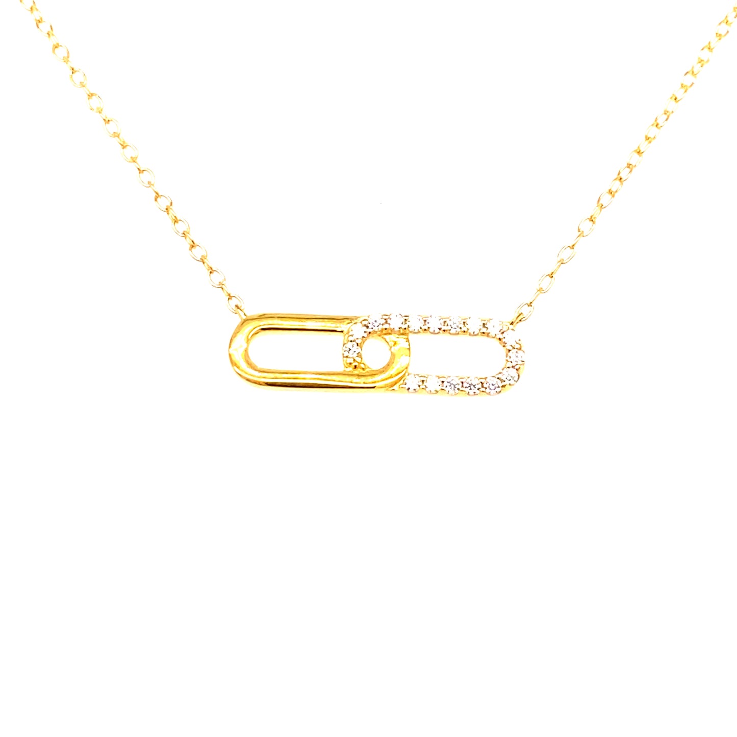 Silver Elegance CZ Yellow Gold Plated Paperclip Necklace