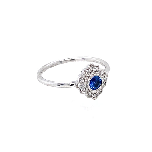 14K White Gold Round Blue Sapphire and Diamond Ring