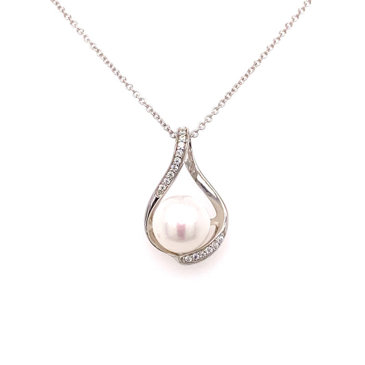 Sterling Silver Diamond & Pearl Tear Drop Pendant & Necklace