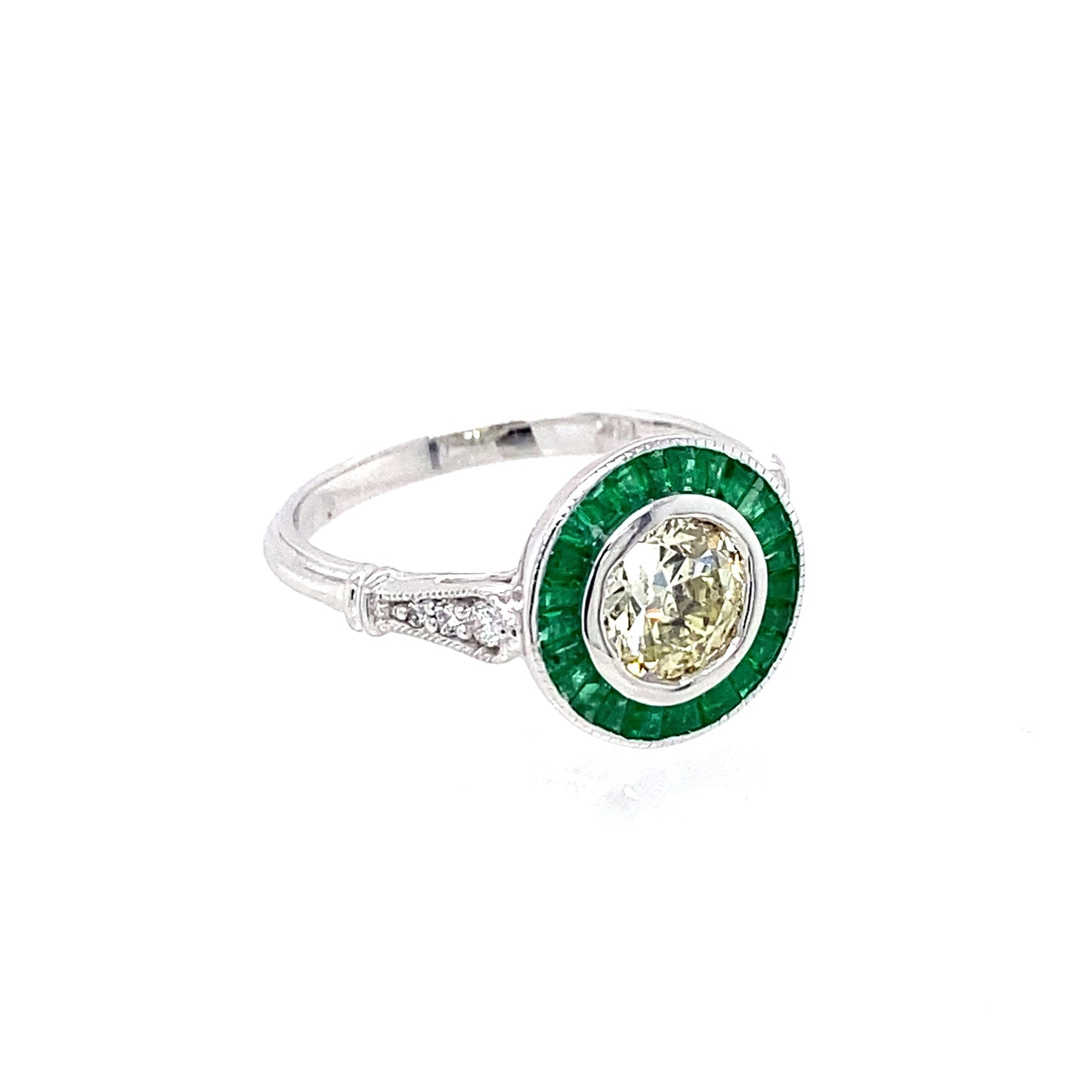 14K White Gold Emerald & European Cut Diamond Ring