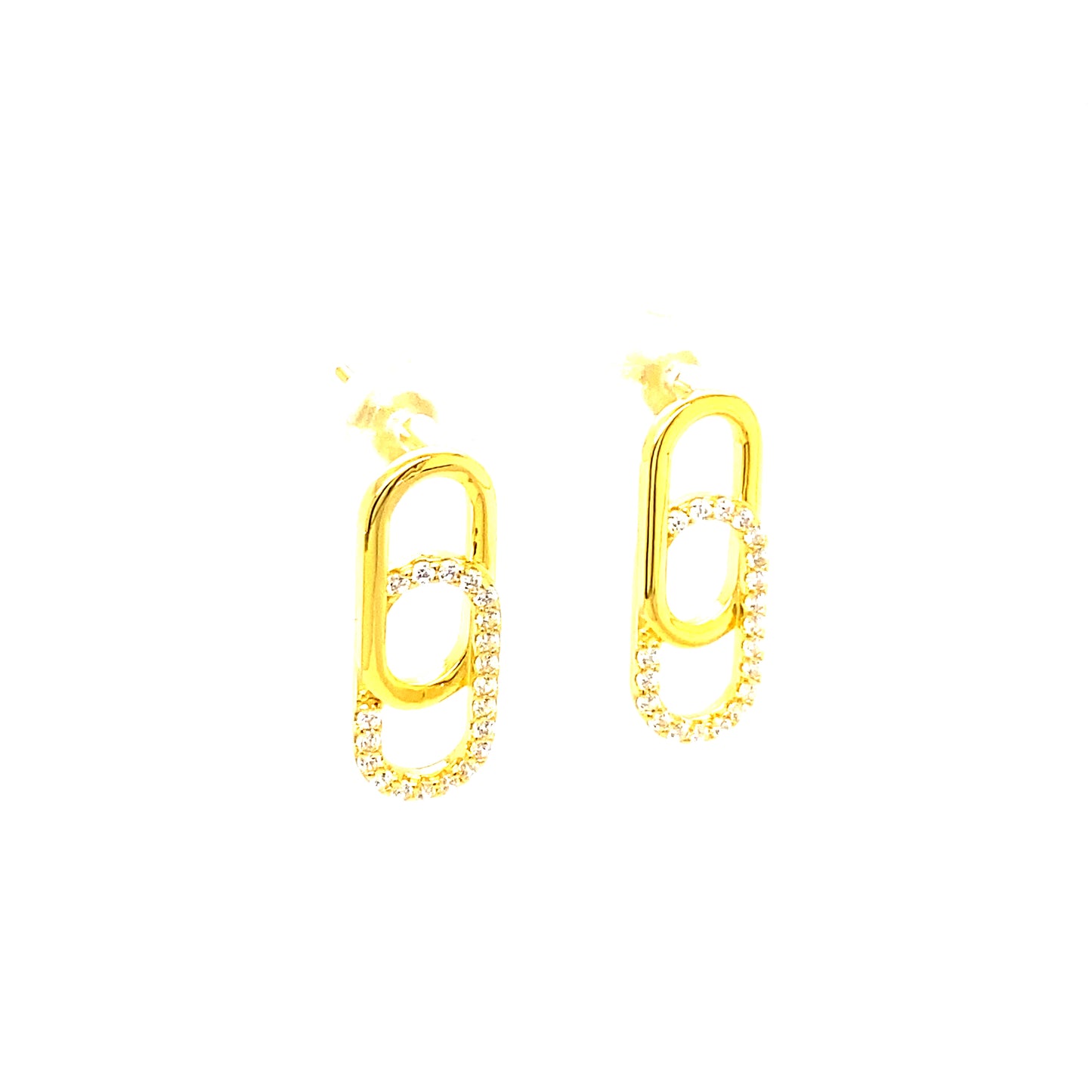 Silver Elegance CZ Paper Clip Style Yellow Gold Plated Stud Earrings