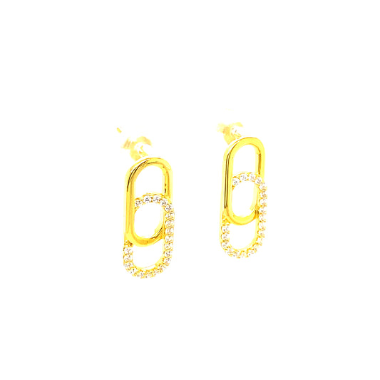 Silver Elegance CZ Paper Clip Style Yellow Gold Plated Stud Earrings