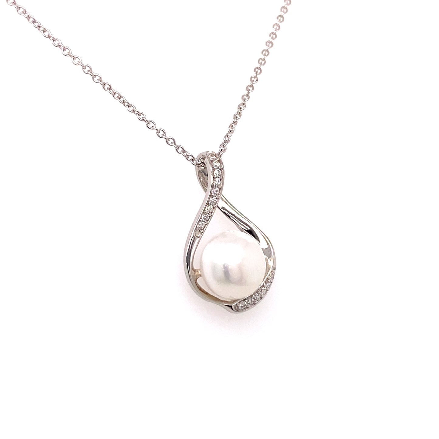 Sterling Silver Diamond & Pearl Tear Drop Pendant & Necklace