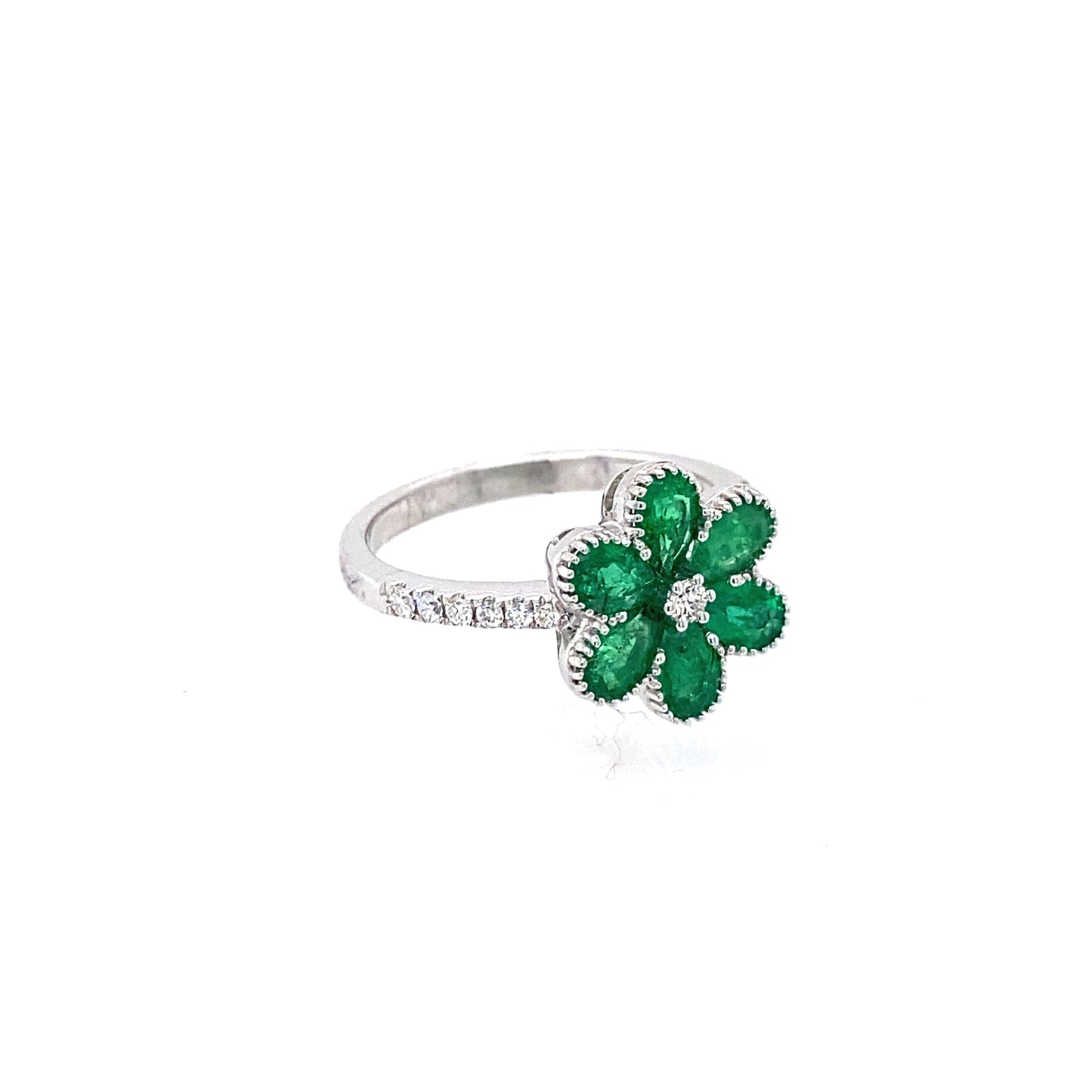 14K White Gold Emerald Flower & Diamond Ring