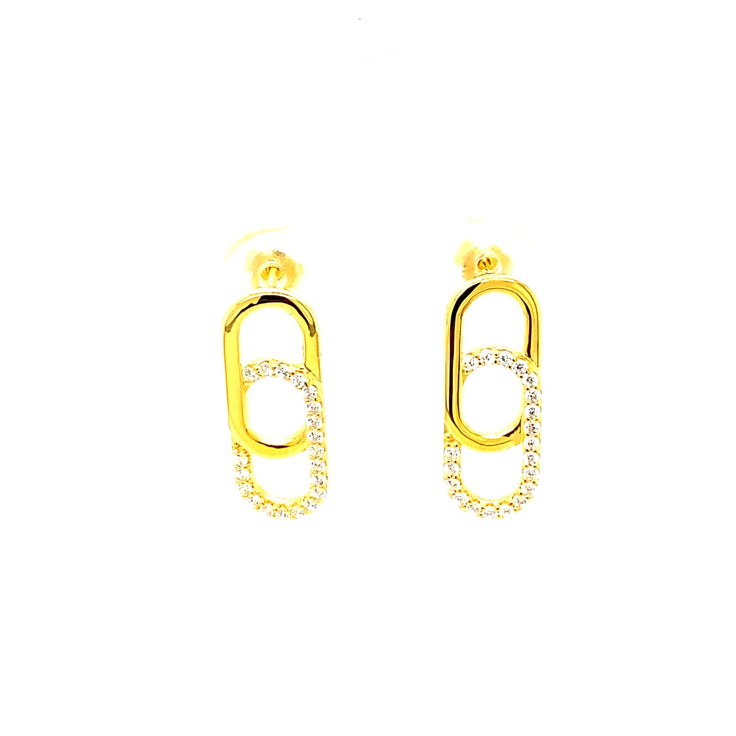 Silver Elegance CZ Paper Clip Style Yellow Gold Plated Stud Earrings