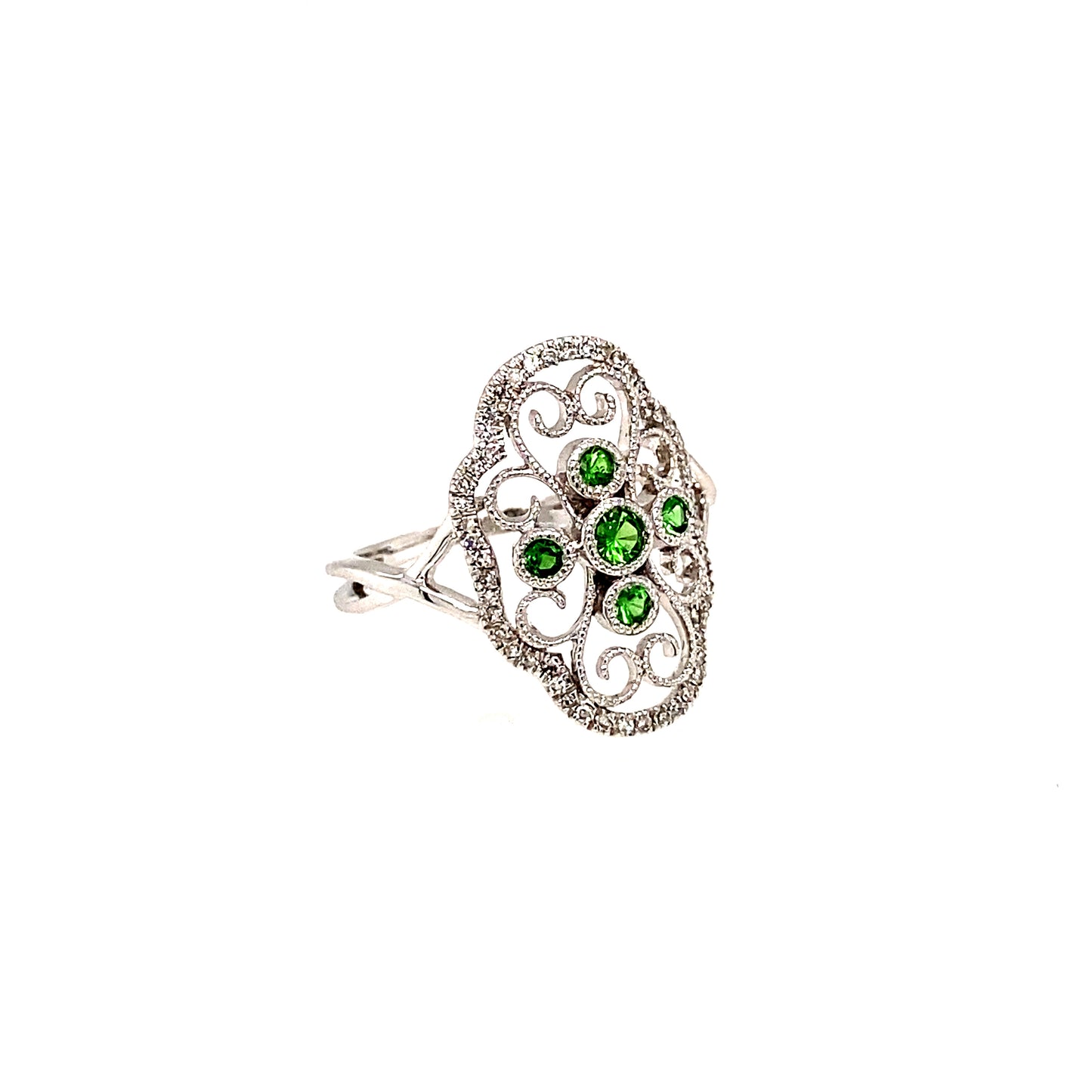 14K White Gold Emerald Fillagree Gemstone Ring