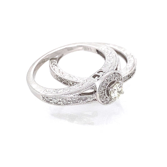 14K White Gold Diamond w/ Halo Engagement/Band Set of Rings