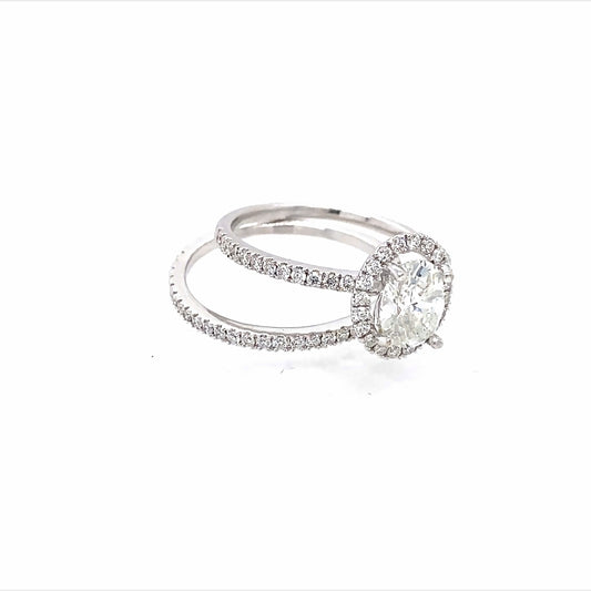 14K White Gold Oval Diamond w/Halo Engagement Ring & Band