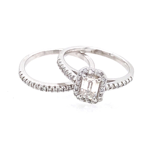 14K White Gold Diamond w/Halo Engagement Ring and Wedding Band