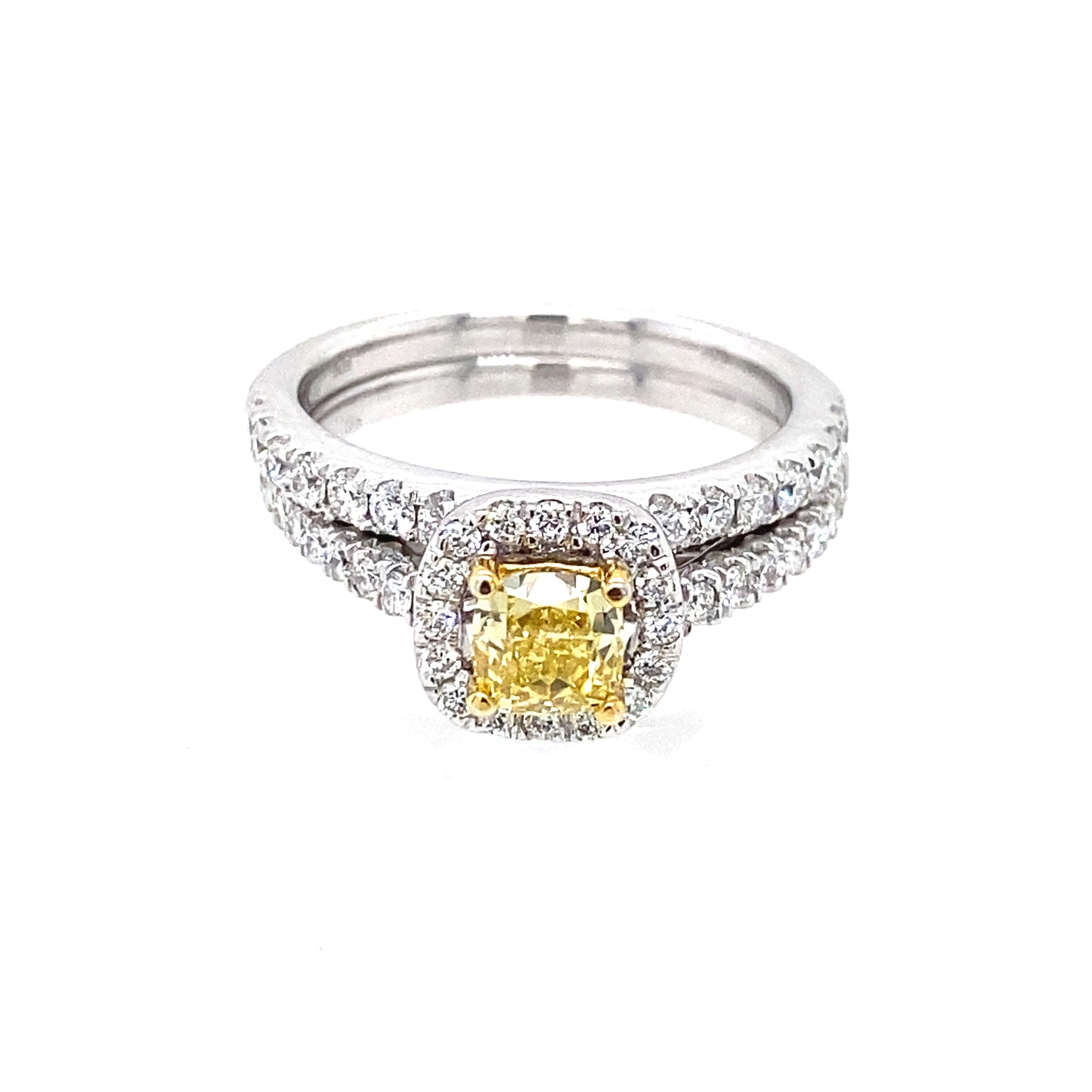 18K White Gold Yellow Cushion Cut Diamond Engagement & Wedding Ring