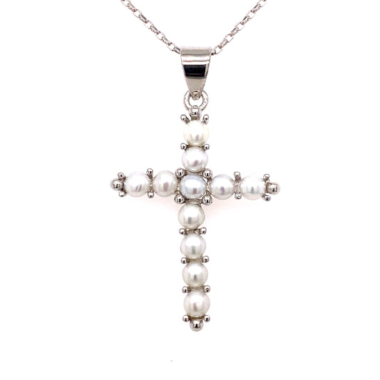 Sterling Silver Pearl Cross Pendant & Necklace