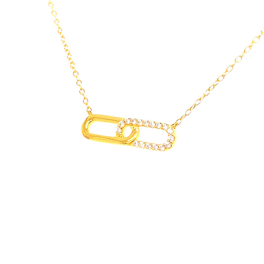 Silver Elegance CZ Yellow Gold Plated Paperclip Necklace