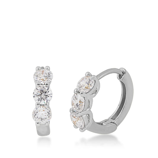 Silver Elegance Cubic Zirconia 3 Stone Huggie Earrings